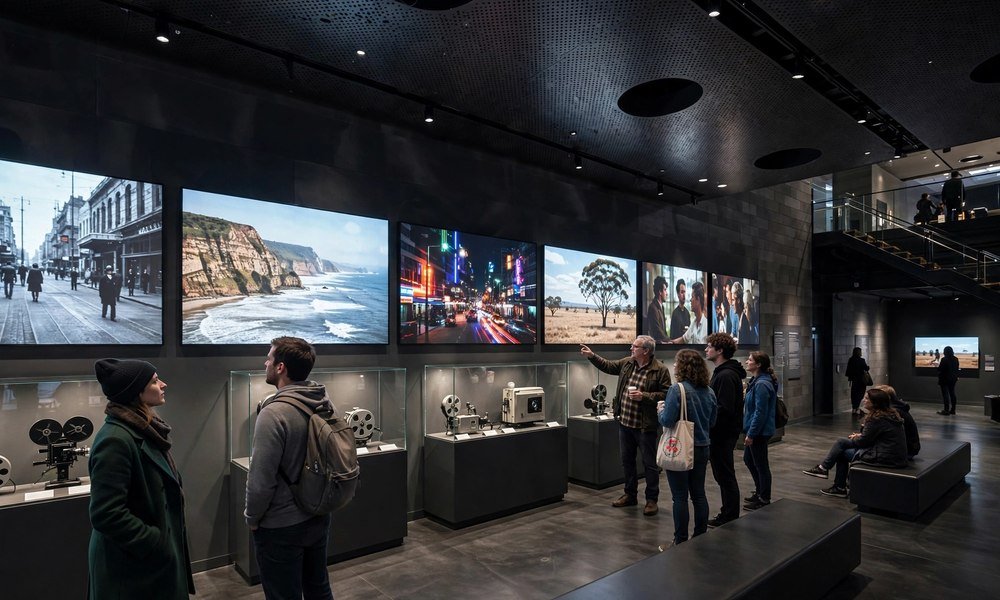 Glowing film and video screens inside the ACMI gallery at Federation Square, Melbourne