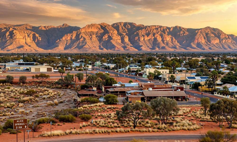 Alice Springs town with the MacDonnell Ranges at golden hour