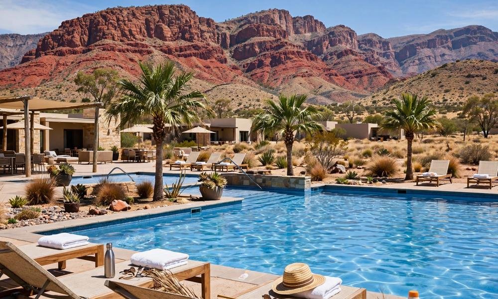 Resort swimming pool in Alice Springs with palm trees and the MacDonnell Ranges behind it.