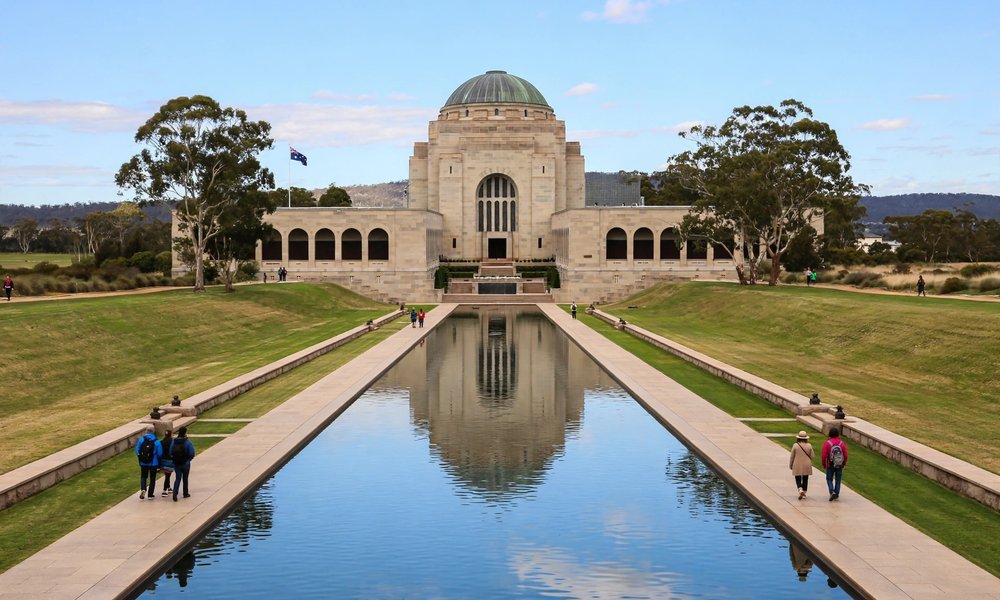 The Australian War Memorial in Canberra with the Pool of Reflection leading to the domed Hall of Memory