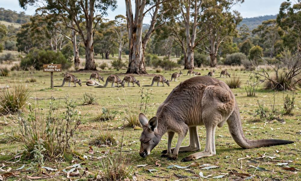 Kangaroo grazing at Ballarat Wildlife Park with gum trees in the background