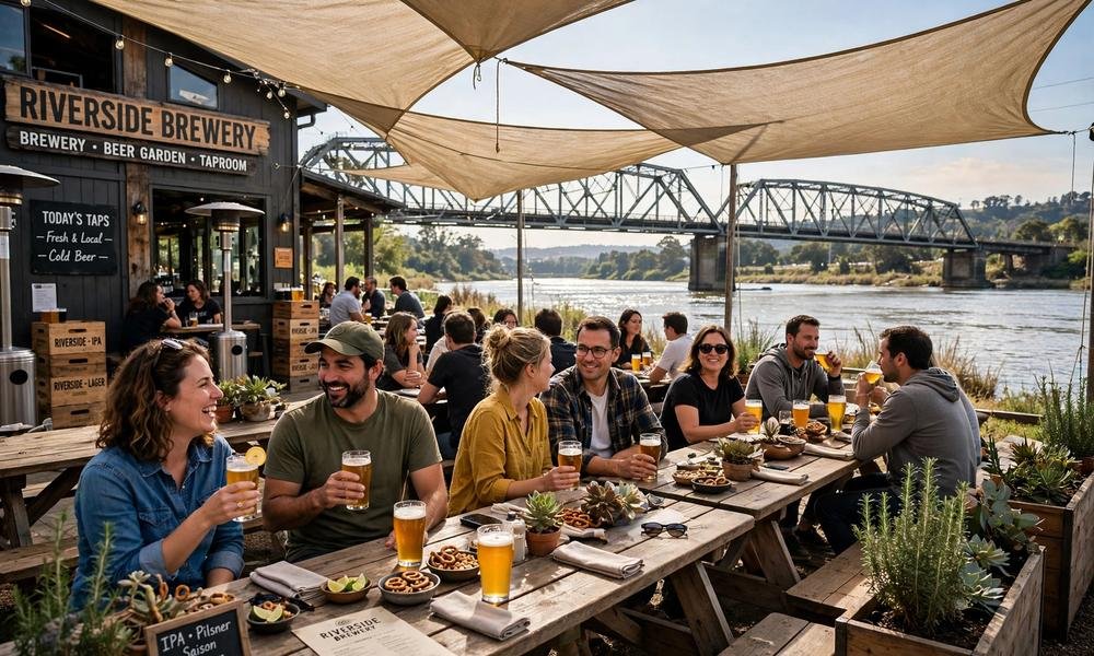 Riverside brewery beer garden overlooking a river and bridge in Brisbane