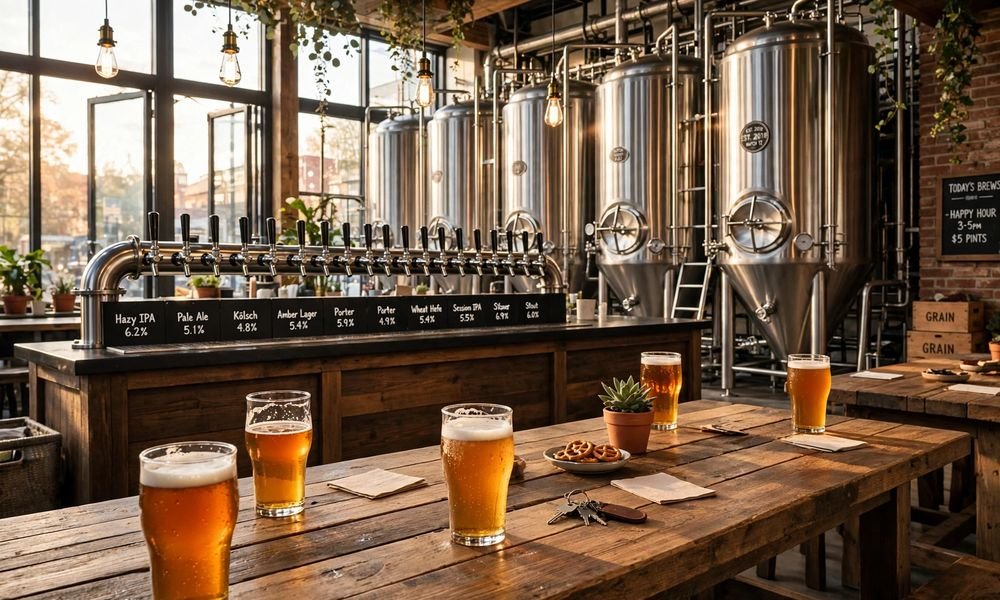 Inside an Australian craft brewery taproom with brewing tanks and beer taps