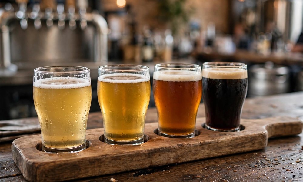 Craft beer tasting paddle with four small glasses on a bar counter