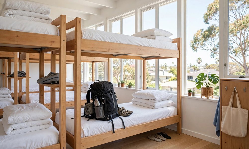 Bright modern backpacker hostel dorm room in Australia with wooden bunk beds