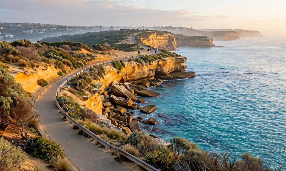 Coastal cliff path of the Bondi to Coogee walk above a turquoise ocean at sunrise.