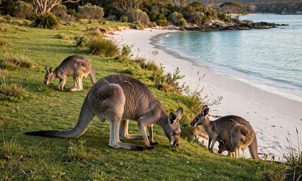 Kangaroos grazing on green grass at the edge of a white sand beach in Booderee National Park