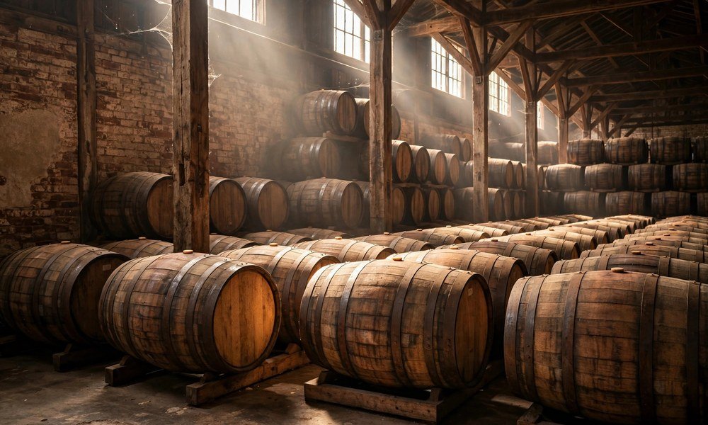 Wooden rum barrels ageing in a distillery warehouse in Bundaberg, Queensland