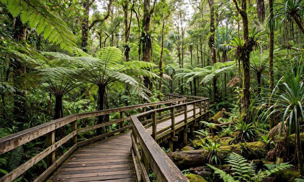 Wooden boardwalk through tropical rainforest near Cairns, lush ferns and tall trees