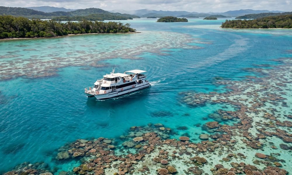 Tour boat on the Great Barrier Reef near Cairns, turquoise water