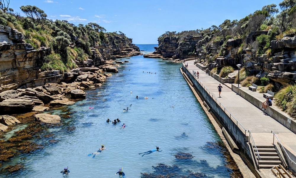 Clovelly Beach, a long narrow ocean inlet with calm clear water between rocky cliffs, swimmers and snorkelers in the water