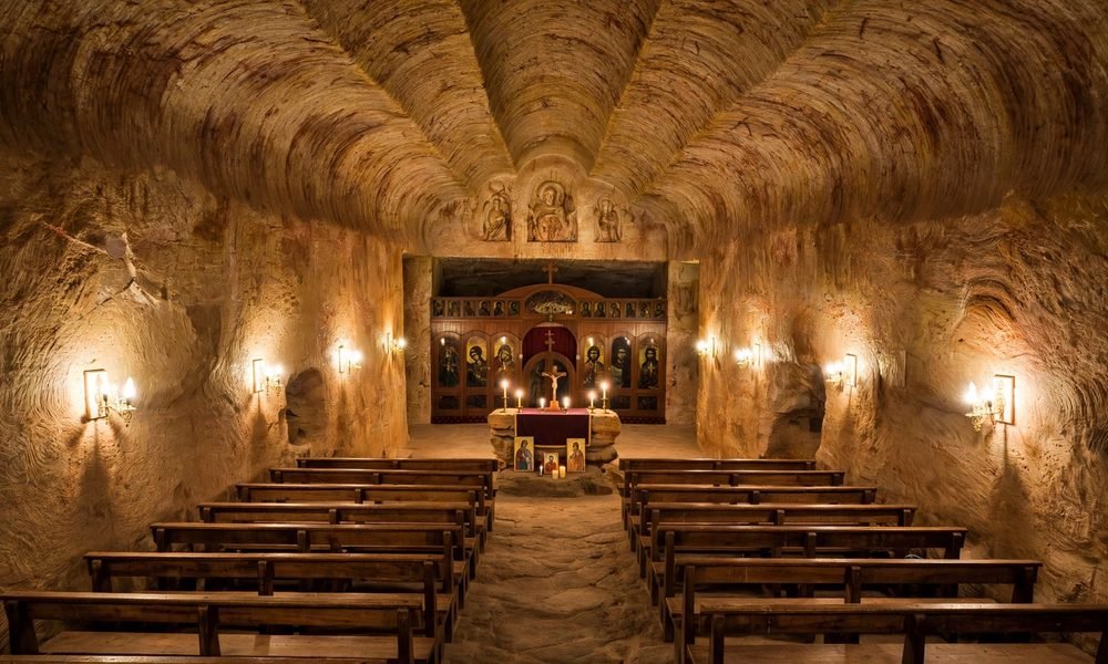 Interior of an underground church hand-carved from solid rock in Coober Pedy