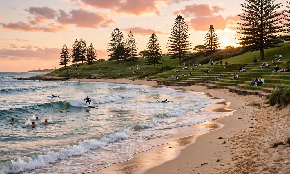 Sunset over Cottesloe Beach in Perth with surfers in the water