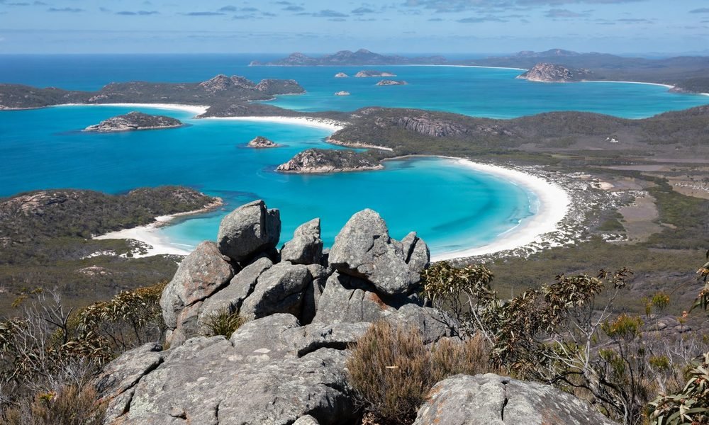 View from the summit of Frenchman's Peak over the white sand beaches and turquoise bays of Cape Le Grand National Park, Esperance