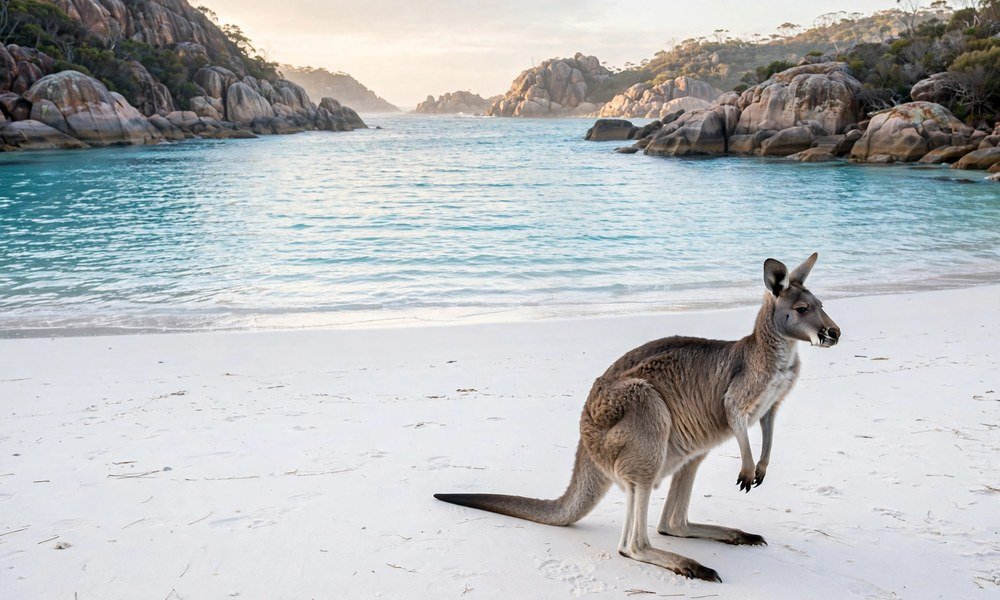 Lucky Bay beach in Esperance with a kangaroo on white sand and turquoise water