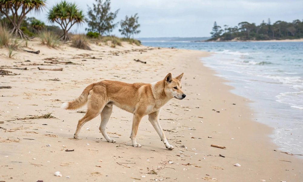 A wild dingo walking along the beach on Fraser Island (K'gari)