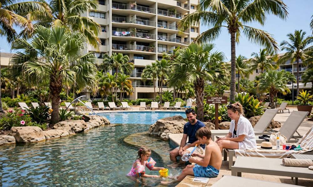 Gold Coast holiday resort pool with palm trees and apartment tower behind