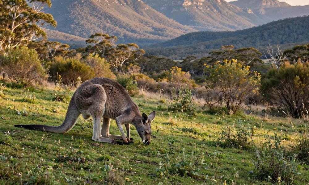 Kangaroo grazing on grass near Halls Gap in the Grampians in the late afternoon