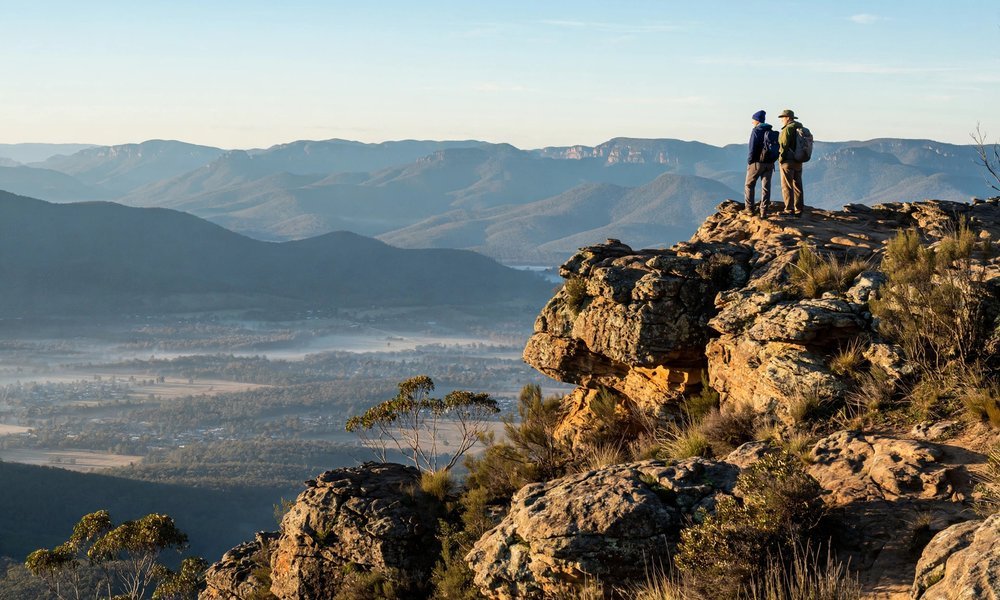 Rocky Pinnacle lookout above Halls Gap with sandstone ranges stretching into the distance in the Grampians