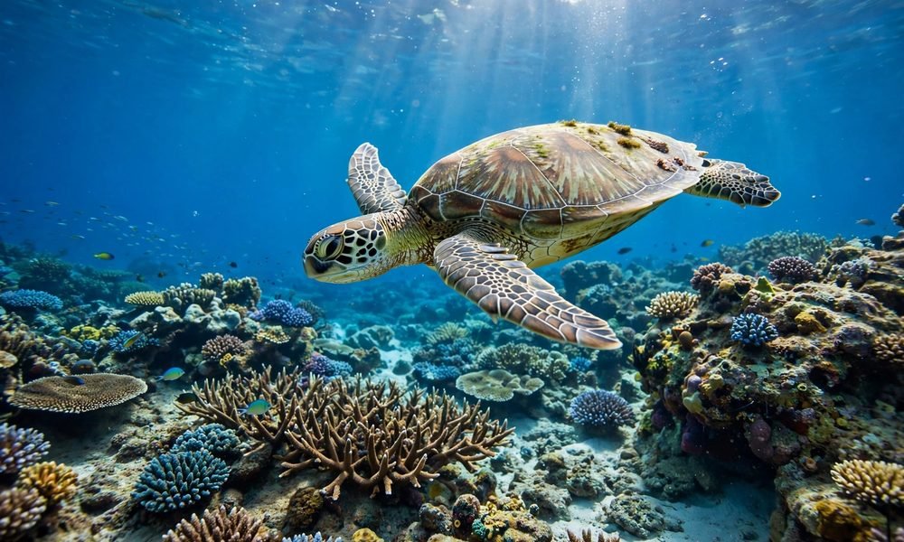 Green sea turtle gliding over coral reef on the Great Barrier Reef