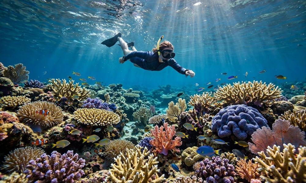 Snorkeller swimming over colourful coral reef with tropical fish on the Great Barrier Reef