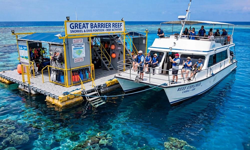 Tour boat moored at a floating reef pontoon on the Great Barrier Reef with passengers on deck