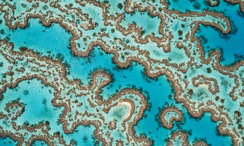 Aerial view of coral reef patterns in turquoise water on the Great Barrier Reef, Queensland.