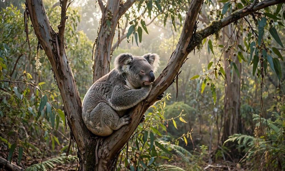Koala sitting in a eucalyptus tree fork at Kennett River on the Great Ocean Road