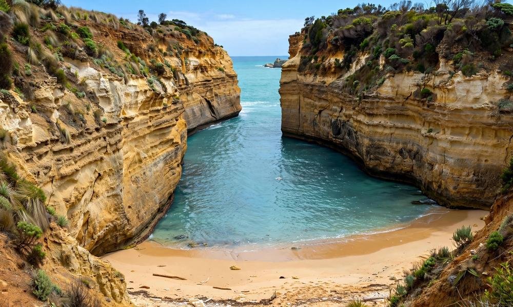 Loch Ard Gorge, a narrow sandy cove enclosed by limestone cliffs on the Great Ocean Road