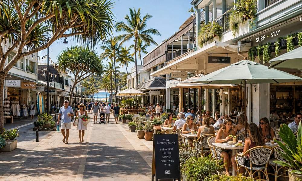 Palm-lined Hastings Street in Noosa with outdoor cafe tables and a relaxed daytime atmosphere