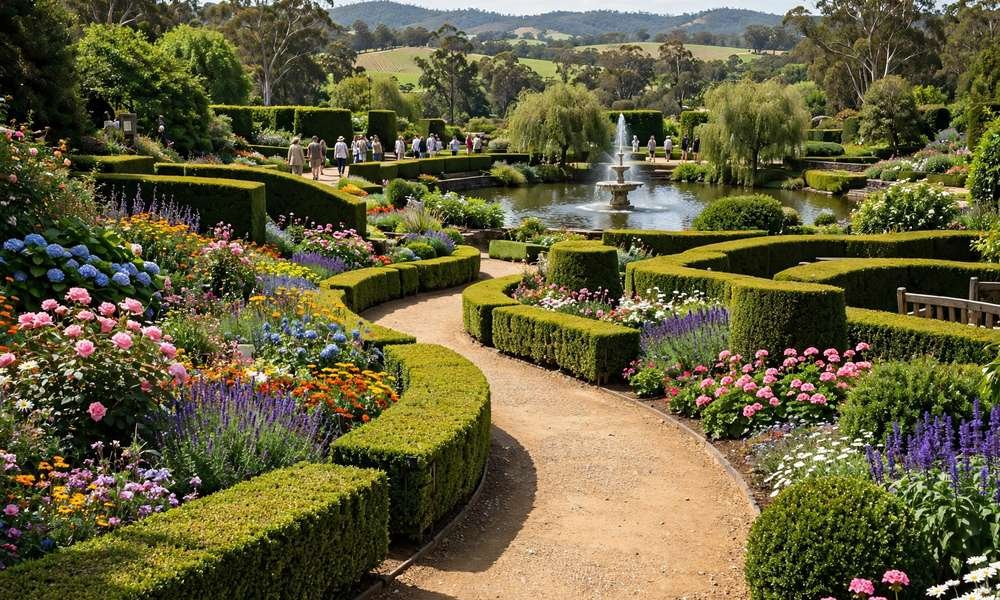 Winding garden path through colourful themed gardens at Hunter Valley Gardens with flower beds and a lake