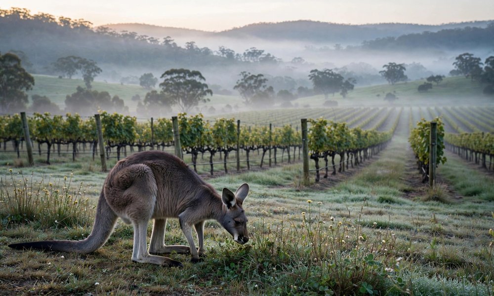 Kangaroo grazing beside a vineyard paddock at dawn in the Hunter Valley with misty hills behind