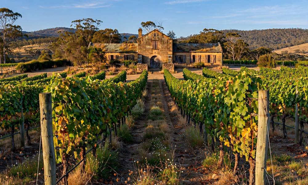 Rows of grapevines at a Hunter Valley cellar door with an old stone winery building at the end of the row