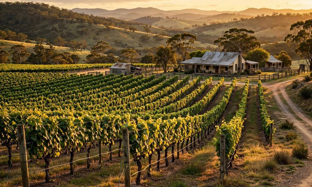 Rows of grapevines in the Hunter Valley with rolling hills behind
