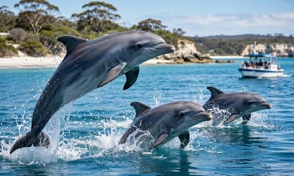 Bottlenose dolphins leaping from clear blue water in Jervis Bay with a small tour boat nearby