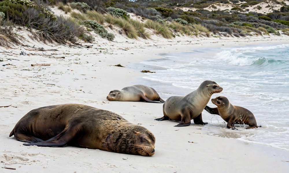Australian sea lions resting on the beach at Seal Bay Conservation Park, Kangaroo Island