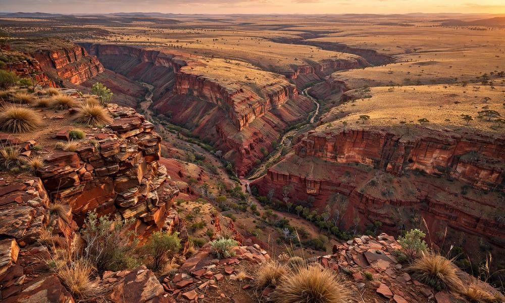 Gorge junction viewed from a lookout at sunset in Karijini National Park