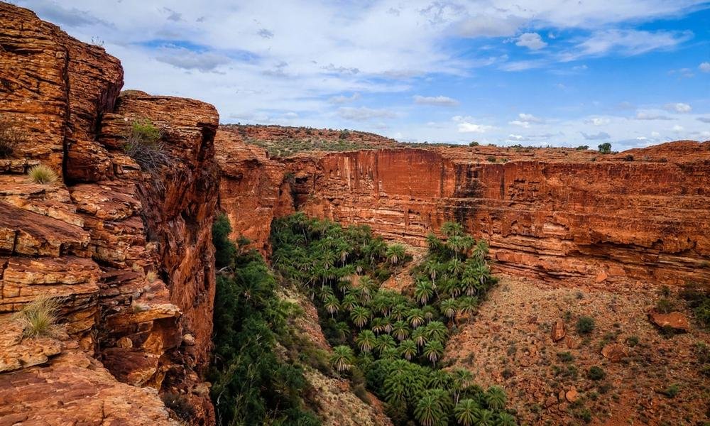 Sheer red cliffs of Kings Canyon seen from the rim walk