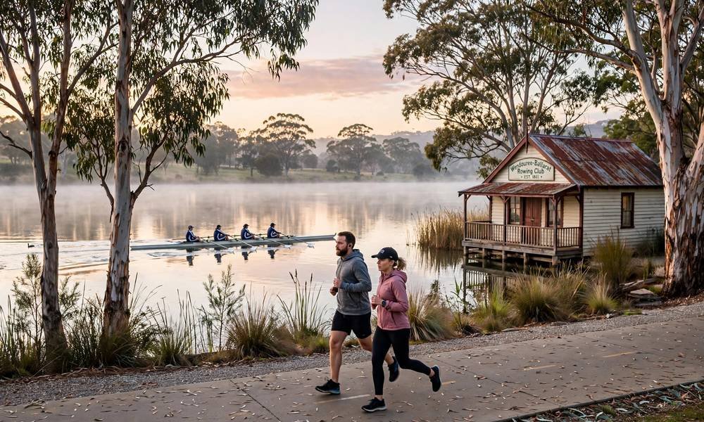 Rowers on Lake Wendouree at sunrise with the walking track in the foreground, Ballarat