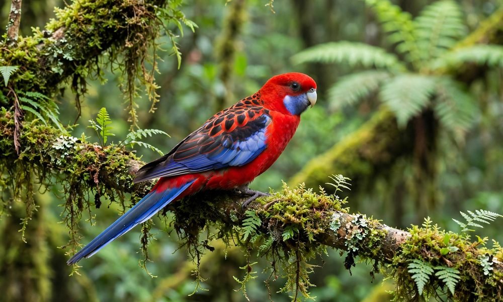 Crimson rosella with red head and blue cheeks perched on a mossy branch in Lamington National Park