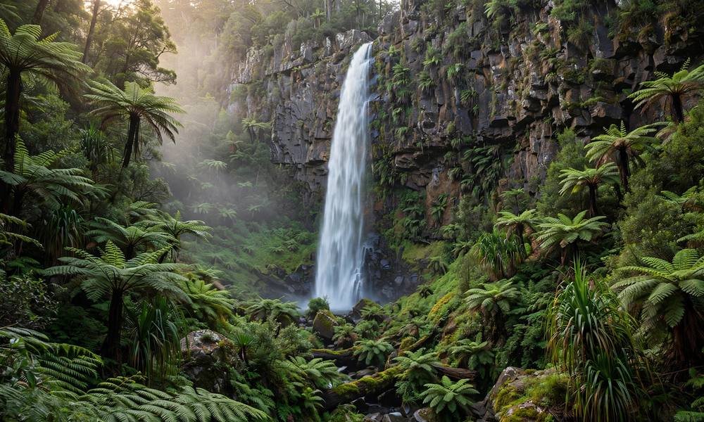 Morans Falls plunging into a fern-filled gorge in Lamington National Park