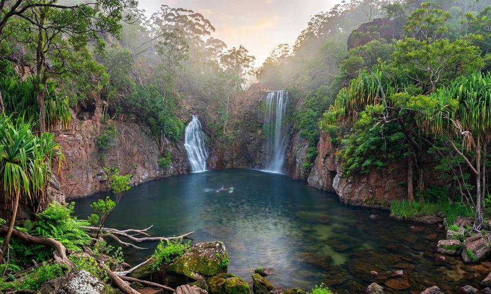Florence Falls waterfall pouring into a clear plunge pool surrounded by rainforest in Litchfield National Park