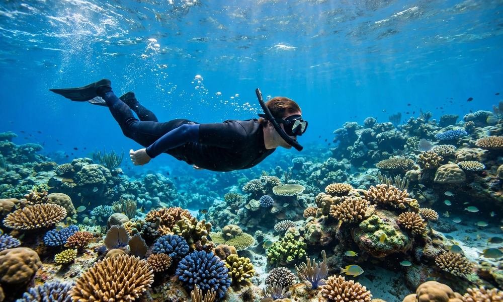 Snorkeller over coral bommies off Magnetic Island