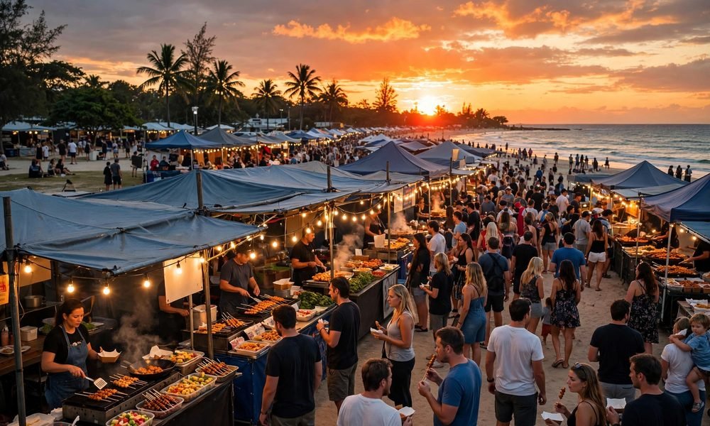 Crowds and food stalls at Mindil Beach Sunset Markets at dusk in Darwin