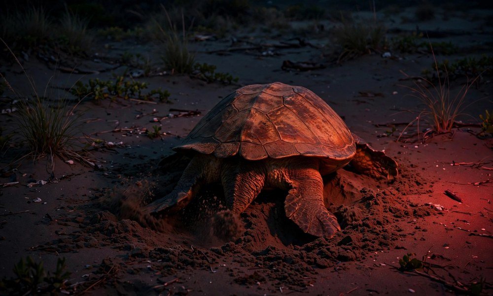 A female loggerhead turtle laying eggs in a sandy nest on Mon Repos beach at night, guided by rangers
