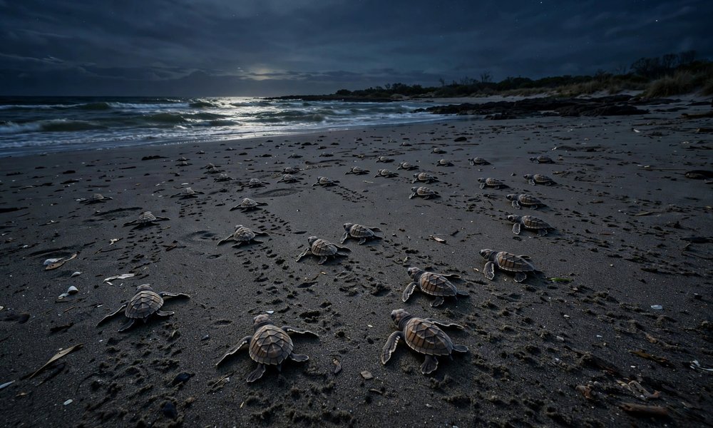 Loggerhead turtle hatchlings crawling across dark sand toward the ocean at night at Mon Repos
