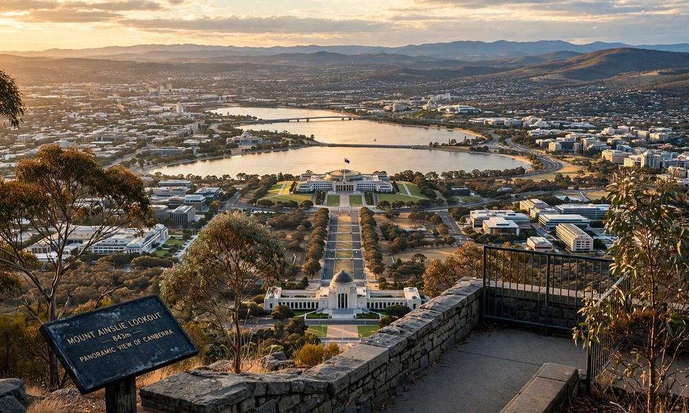 Panoramic view over Canberra from the Mount Ainslie lookout with the lake and Parliament House in the distance