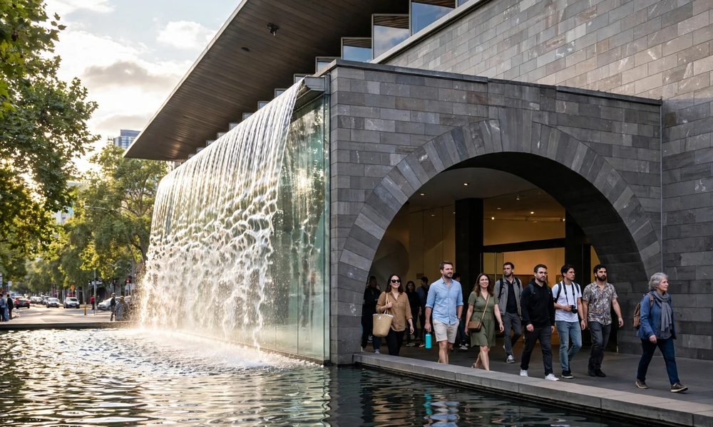 Visitors walking through the water wall entrance of NGV International on St Kilda Road, Melbourne