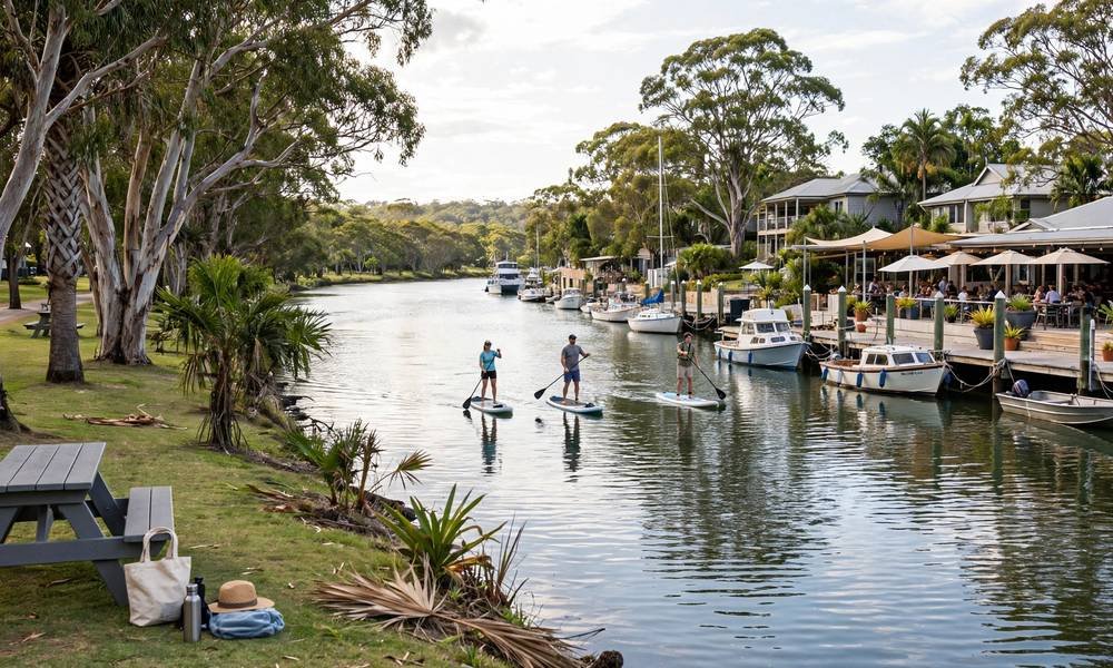 Calm Noosa River at Noosaville with paddleboarders, moored boats and a relaxed riverbank