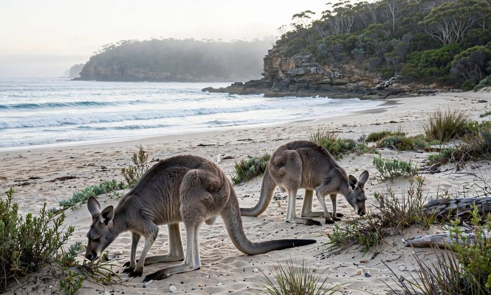Kangaroos grazing on the sand at Pebbly Beach on the NSW South Coast